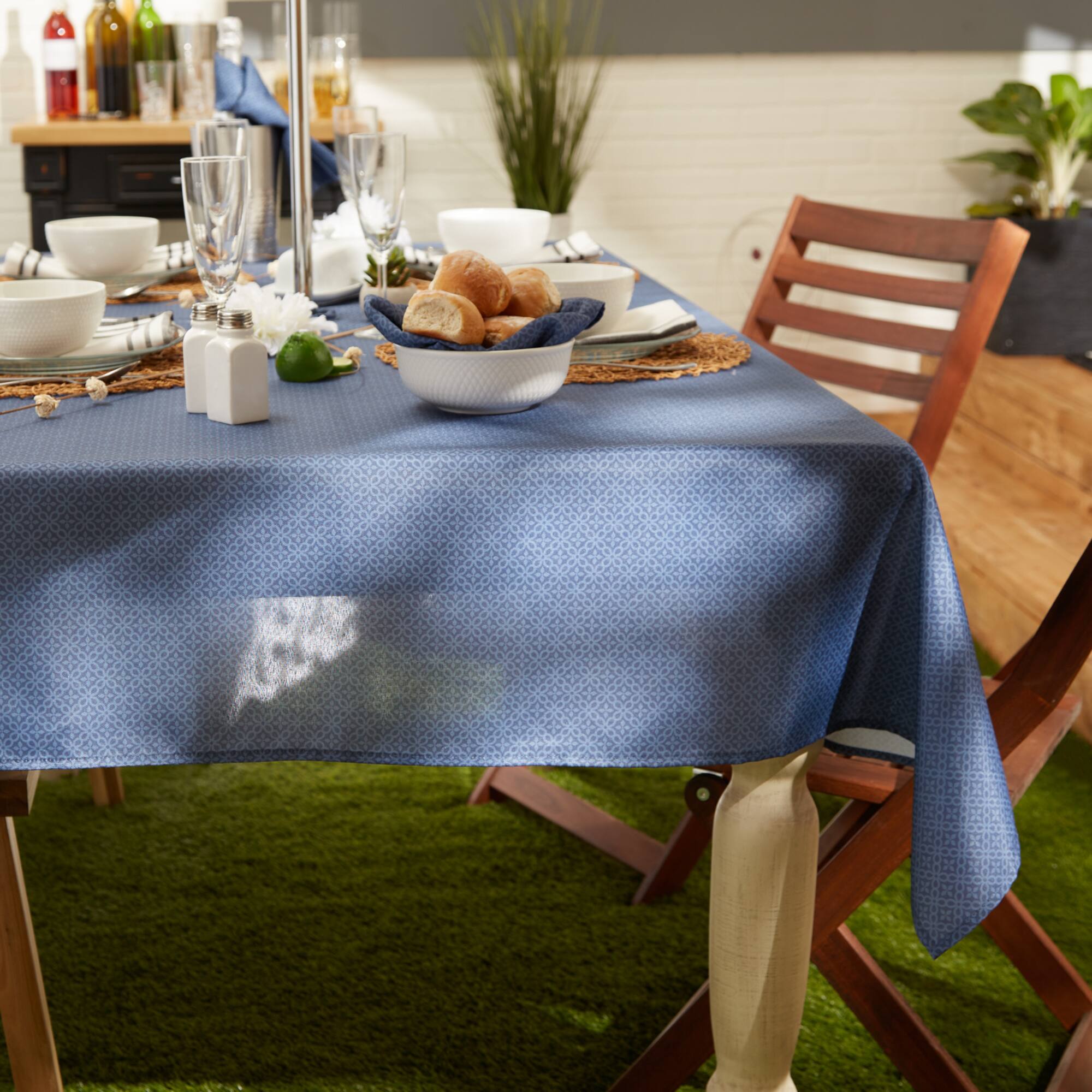 French Blue Tonal Lattice Print Outdoor Tablecloth With Zipper 60" x 84"